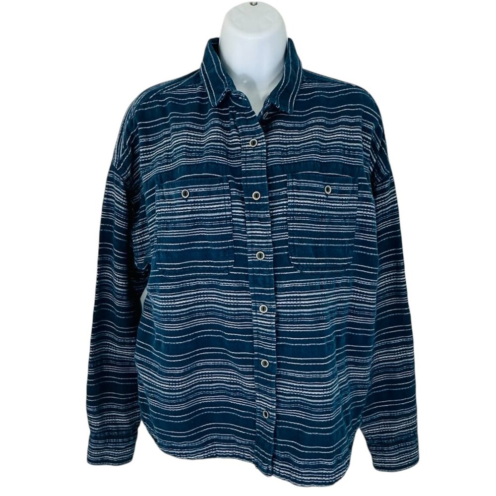 Prana Women's Size M Stripe Textured Button Up Long Sleeve Blue White Shirt